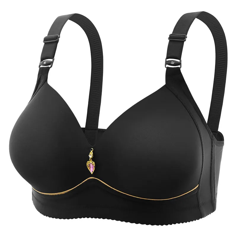 Un soutien-gorge noir avec des bretelles réglables et une breloque légère en pierre précieuse rose décorative au centre - Soutien Elégant avec Bonnet fin de BABY PREMA.