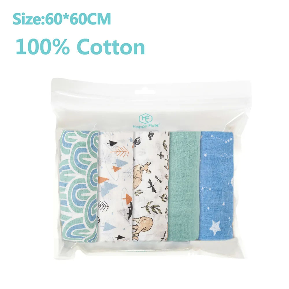 Four Langes Lot de 5 pièces Mousseline Coton & Bambou aux motifs variés, conçu pour bébé, soigneusement emballé dans un sachet plastique transparent, mesurant 60 sur 60 centimètres par BABY PREMA.