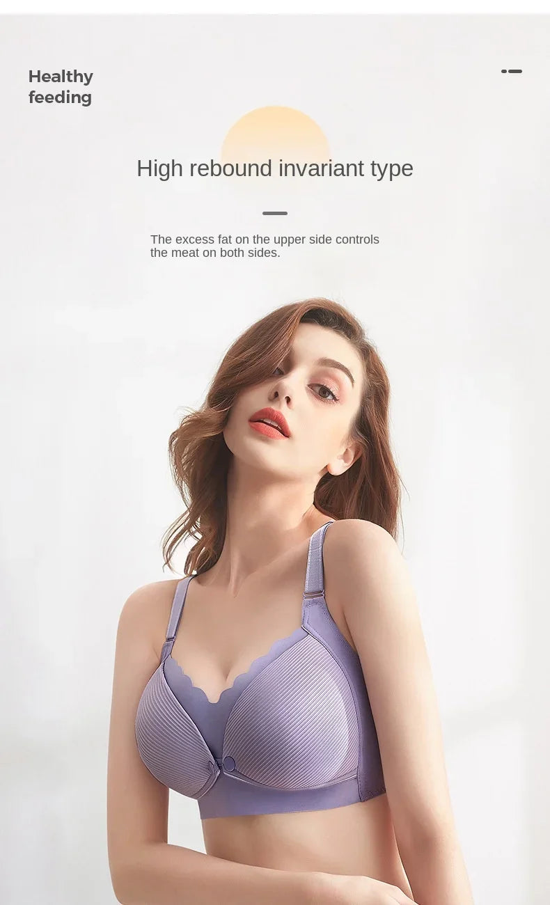 Une femme présente un BABY PREMA Soutien de Grossesse & Allaitement, un soutien-gorge violet léger conçu à la fois pour le confort et le soutien pendant la maternité, avec des caractéristiques mettant l'accent sur un ajustement et un contrôle sains.
