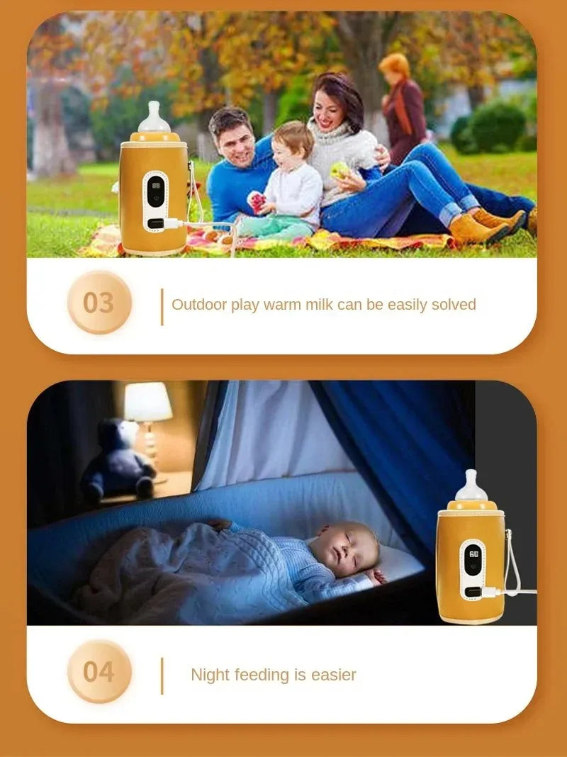 Image du haut : Une famille assise sur une couverture dans un parc, utilisant un BABY-PREMA Chauffe-Biberon Portable & Résistant avec une bouteille. Le texte indique "Le lait chaud pour jouer en plein air peut être facilement résolu."
Image du bas : Un bébé dort dans un berceau la nuit avec un accessoire indispensable, le BABY-PREMA Chauffe-Biberon Portable & Résistant, à côté du berceau. Le texte indique « L’alimentation de nuit est plus facile.