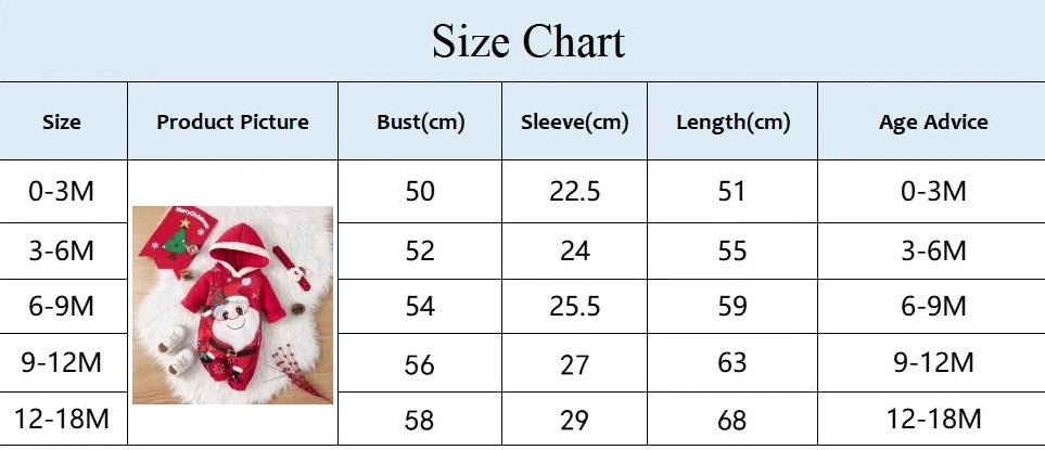 Un tableau des tailles pour les vêtements de bébé affichant les tailles 0-3M, 3-6M, 6-9M, 9-12M et 12-18M. Le tableau comprend les mesures du buste, des manches et de la longueur en centimètres, ainsi que des conseils sur l'âge. Une image d'une tenue de bébé avec un motif de Père Noël est présentée à titre de référence. Parfait pour sélectionner les vêtements d'hiver pour Combinaison pour Nouveau-nés de BABY PREMA.