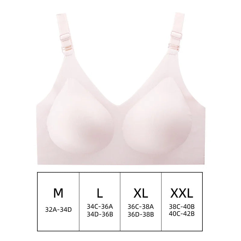 Un soutien-gorge de maternité blanc avec tableau des tailles indiquant les tailles petites à extra-larges, Soutien d'allaitement réglable de BABY PREMA.