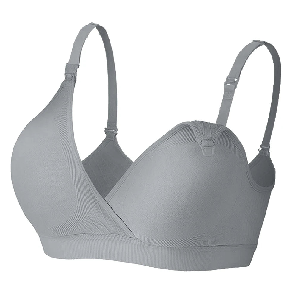 Un soutien-gorge de grossesse sans fil sans couture Soutien Allaitement & Maternité Parfait Maintien gris à bretelles réglables sur fond blanc de la marque BABY PREMA.