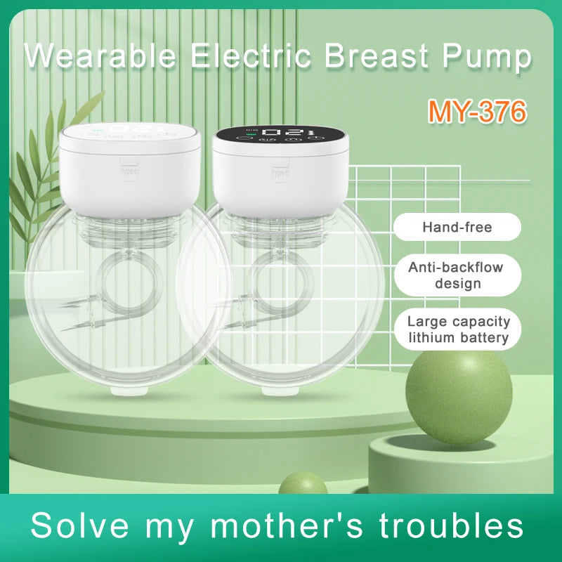 Image d'un BABY-PREMA Tire-Lait sans Fil Léger & Pratique. La pompe est représentée sur un fond vert avec un motif en grille et des illustrations de plantes. Le texte met en évidence des fonctionnalités telles que le fonctionnement mains libres, Tire-lait sans fil avec un design anti-reflux et une batterie au lithium de grande capacité. Le slogan dit : « Résolvez les problèmes de ma mère.