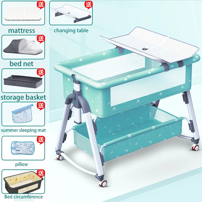 Lit Bébé Multifonction Pliant de BABY PREMA, comprenant matelas, table à langer, moustiquaire, panier de rangement, matelas d'été léger, oreiller et réglages de hauteur réglables.