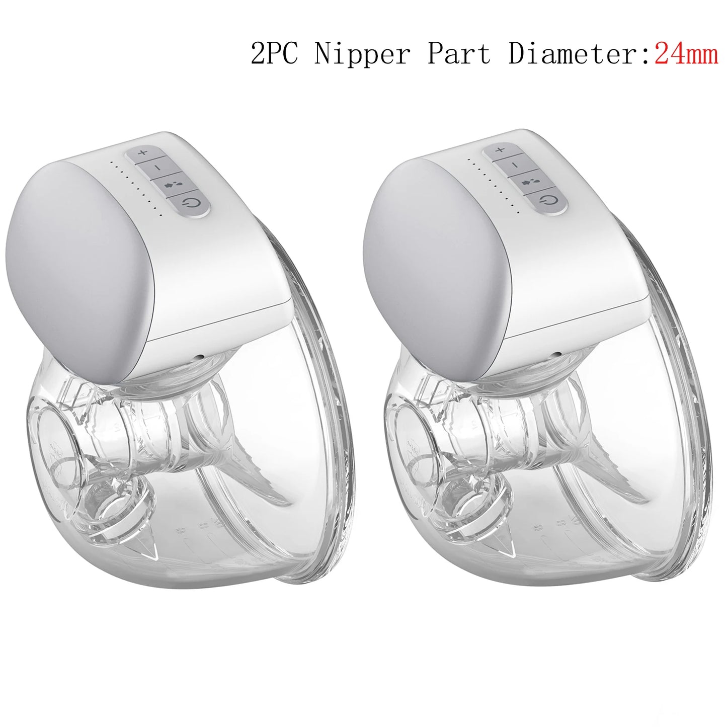 Une paire de tire-lait électriques BABY PREMA modernes avec une partie de tétine de 24 mm de diamètre, conçus pour une extraction du lait efficace et confortable pour bébé.