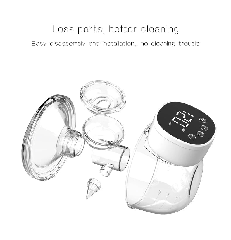 Un Tire-Lait démonté sans Fil Léger & Pratique | Pour Maman affichant ses composants sur fond blanc. Il y a un affichage numérique sur l'unité principale avec un écran LED. Le texte ci-dessus indique : « Moins de pièces, meilleur nettoyage pour un allaitement sans effort.