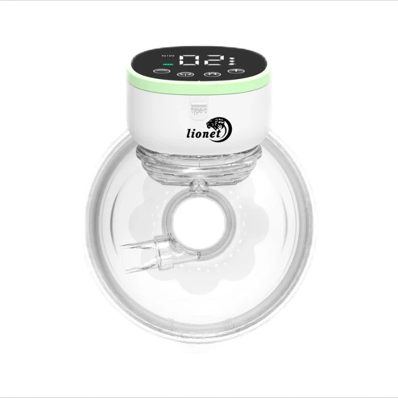 Vue de dessus d'un Tire-Lait blanc sans Fil Léger & Pratique | Pour Maman avec affichage numérique et nom de marque « BABY-PREMA » sur le corps, doté d'une ventouse circulaire et d'une bordure verte, idéal pour une production efficace de lait maternel.