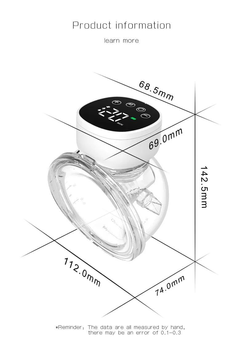 Une image affichant des informations sur le produit d'un appareil électronique circulaire, qui pourrait également fonctionner comme un Tire-Lait sans Fil Léger & pratique. L'appareil a des dimensions indiquées : le diamètre est de 68,5 mm, la hauteur est de 142,5 mm, les mesures de la base transparente sont de 112,0 mm et 74,0 mm. Une note indique que des erreurs de mesure manuelle peuvent survenir.
Nom de marque: BÉBÉ-PREMA
