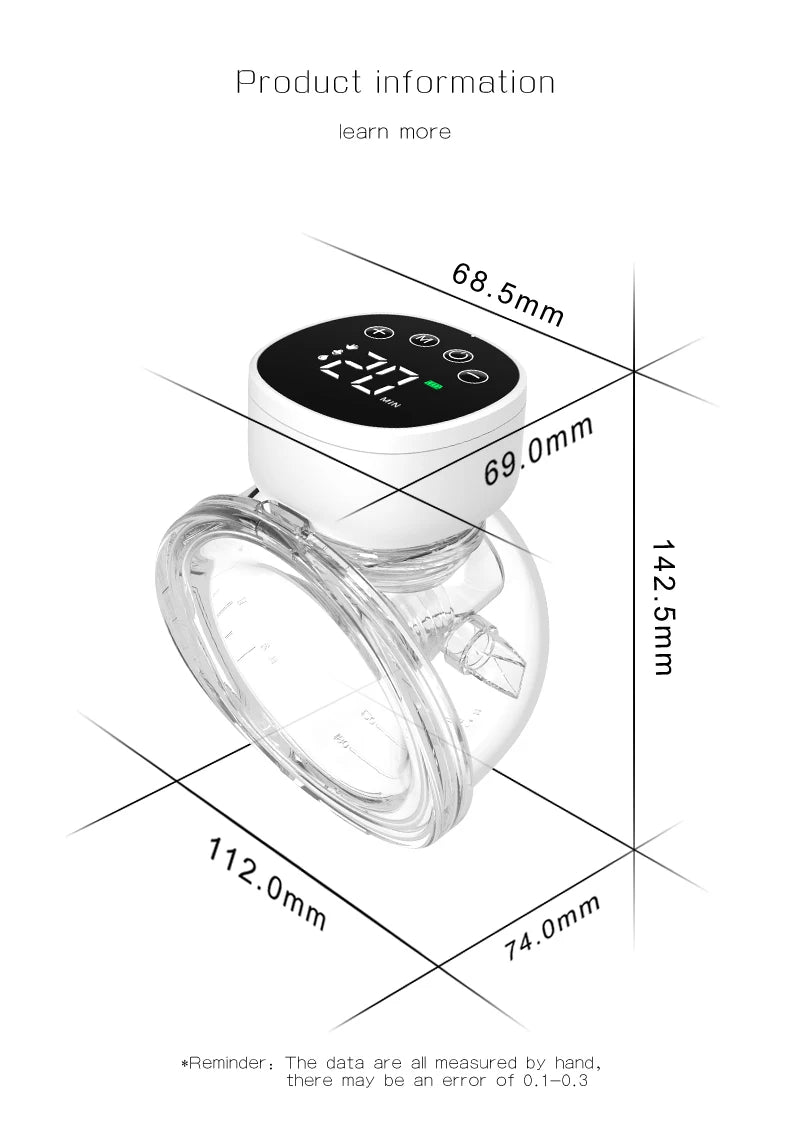 Une image montrant un BABY-PREMA Tire-Lait sans Fil Léger & Pratique | Pour Maman avec les dimensions : 68,5 mm, 69,0 mm, 112,0 mm, 74,0 mm et 142,5 mm. Une note indique que les mesures sont effectuées à la main avec une erreur possible de 0,1 à 0,3, garantissant une précision pour une production optimale de lait maternel pendant l'allaitement.