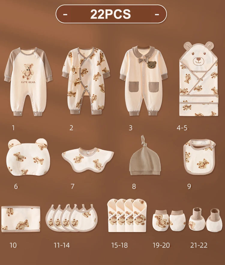 Le « Coffret Naissance Coton | Nouveau-nés Douceur Assurée » de BABY PREMA est un ensemble de vêtements pour bébé de 22 pièces, confectionné en coton doux et respirant, comprenant des grenouillères, une couverture, des bavoirs, des chapeaux, des mitaines, des chaussettes et des débarbouillettes de couleur crème et marron avec d'adorables motifs d'ours.