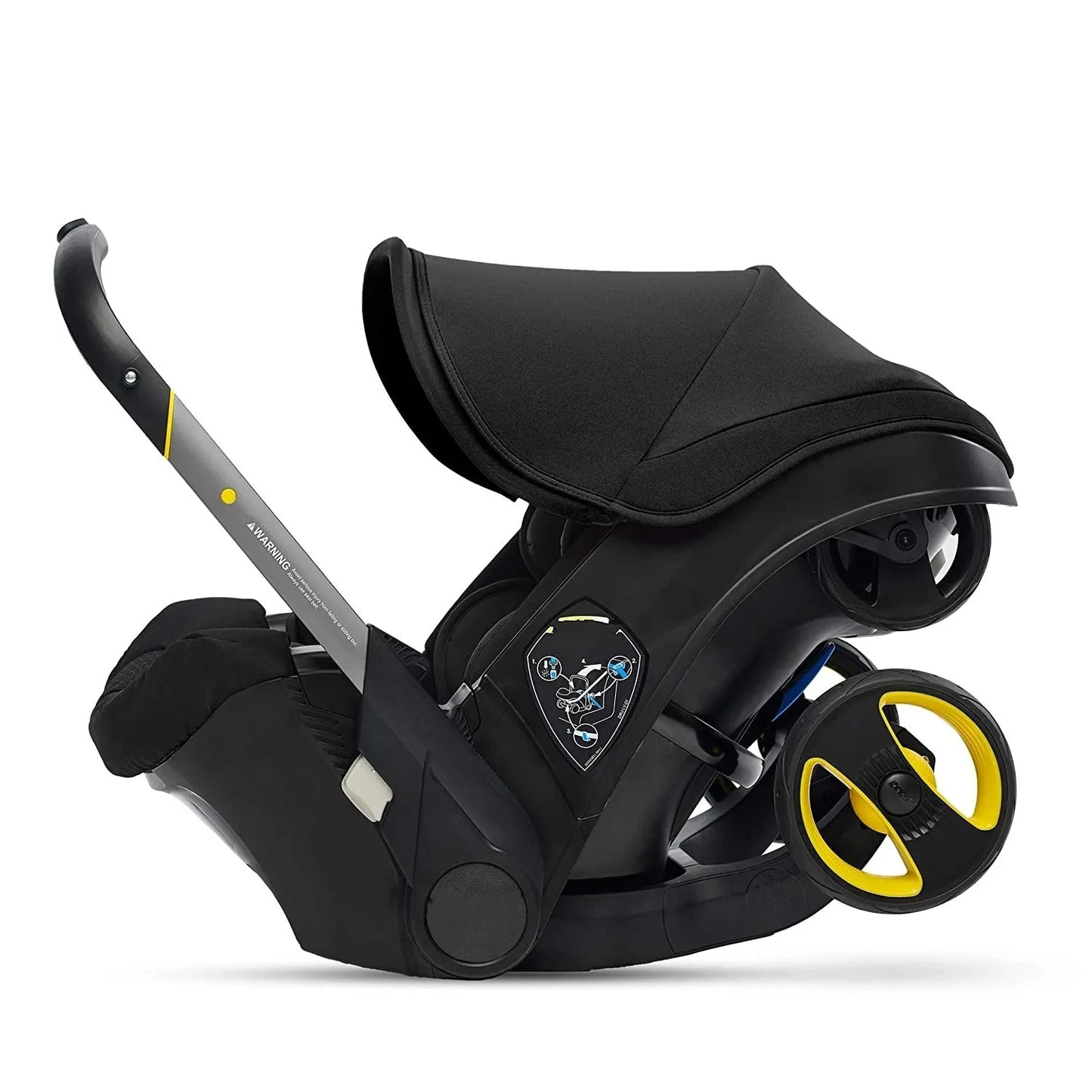 Un siège d'auto noir élégant avec un système de poussette intégré avec des accents jaunes, parfait pour ceux qui recherchent une Poussette 4 en 1 Cosy Bébé de BABY-PREMA. Le siège est doté d'un auvent réglable, d'une poignée robuste pour le transport et de deux roues à l'arrière pour un transport facile. Des graphiques pédagogiques sont visibles sur le côté.