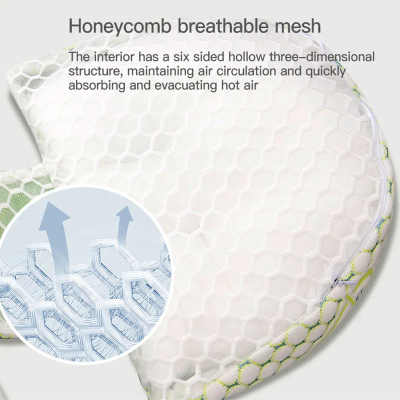 Une image en gros plan d’un tissu en maille respirante en nid d’abeille. Le tissu présente une structure tridimensionnelle creuse à six côtés conçue pour la circulation de l'air et l'évacuation de la chaleur, offrant à la fois confort et soutien. Une illustration en médaillon montre une vue détaillée du mouvement de l'air à travers le maillage, trouvé dans les Coussins Oreillers de Grossesse de BABY PREMA.