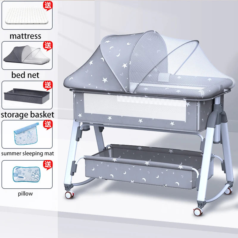 Lit Bébé Multifonction Pliant moderne avec auvent réglable, panier de rangement et matelas, complet avec matelas d'été et oreiller pour votre enfant prématuré, mis en valeur par des motifs d'étoiles pour une chambre de bébé douillette de BABY PREMA.
