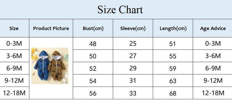 Tableau des tailles pour vêtements pour enfants montrant les mesures détaillées pour les tailles 0-3M, 3-6M, 6-9M, 9-12M et 12-18M. Le tableau comprend des sections pour le buste, les manches et la longueur en centimètres, ainsi que des conseils d'âge et des photos de produits, comme une délicieuse Combinaison pour Nouveau-nés BABY PREMA. Notez les éventuelles différences de mesure.