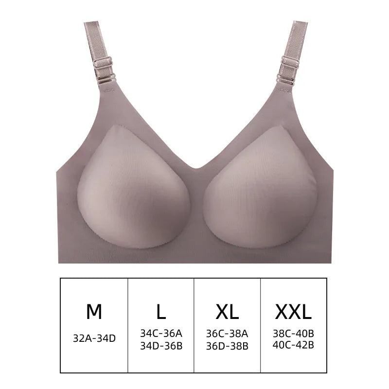 Un tableau des tailles présentant différentes coupes de soutien-gorge de maternité gris, allant du petit au double extra-large, s'adaptant aux bonnets de 32a à 40b dans le BABY PREMA Soutien d'allaitement réglable.