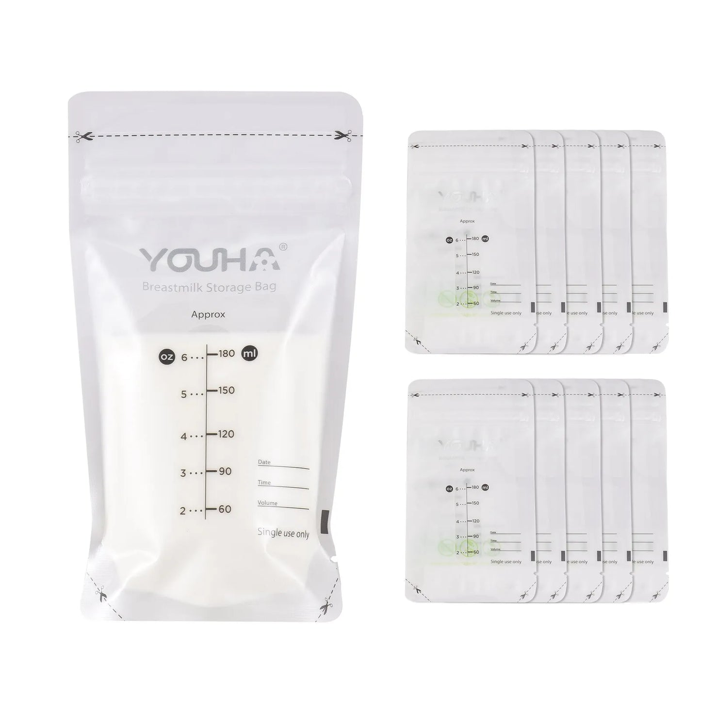 Un ensemble de sachets de conservation du lait maternel BABY PREMA avec graduations, conçus pour un usage unique, parfaits pour conserver le lait de votre bébé prématuré.