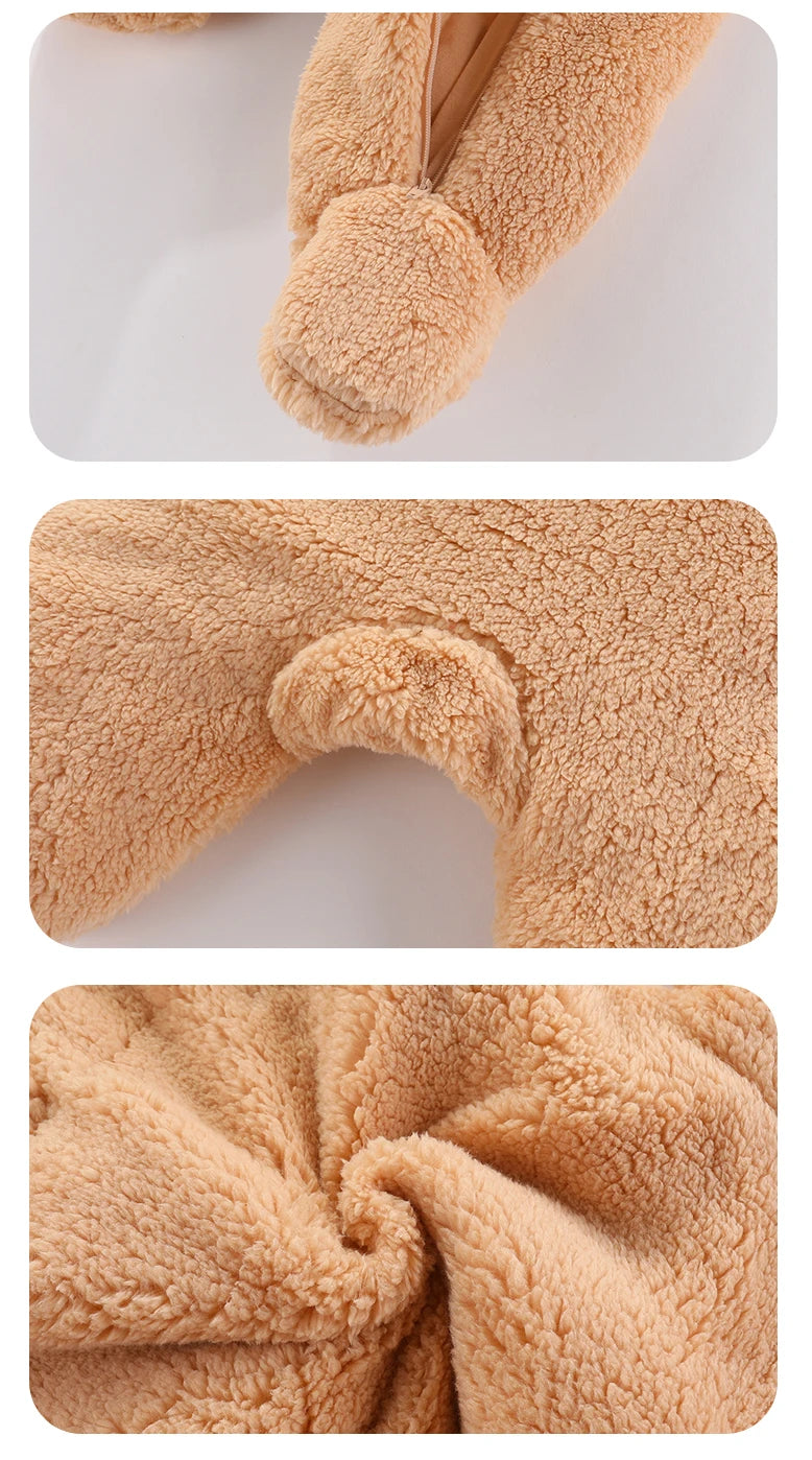 Trois photos en gros plan d'un tissu beige en peluche sous différentes formes : la première montre une pièce saillante, la seconde une forme courbée en forme d'arc et la troisième une Barboteuse à Capuche | Combinaison Epaisse Bébé de BABY-PREMA.