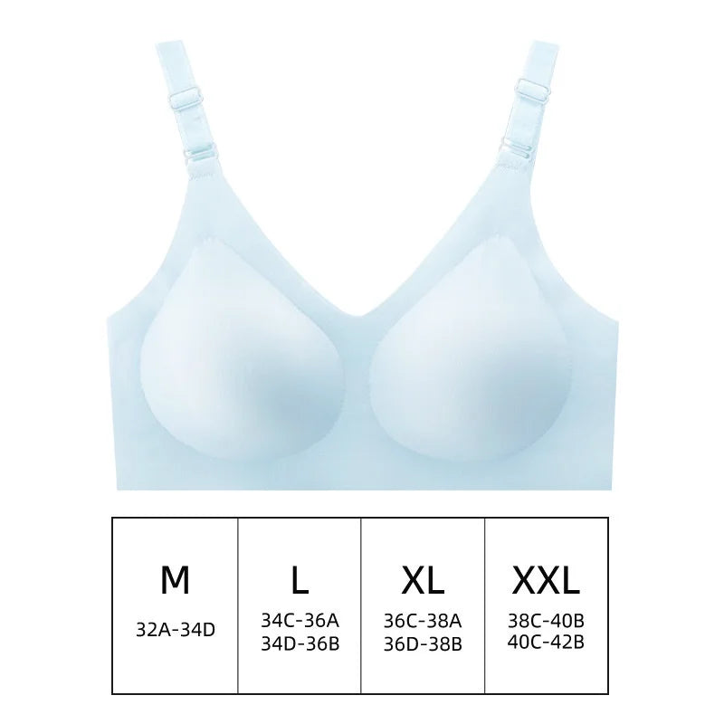 Un guide des tailles de soutien-gorge réglable BABY PREMA Soutien d'allaitement avec différentes tailles du m au xxl, présentant une gamme adaptée aux bonnets 32a à 42b, conçue pour la maternité.