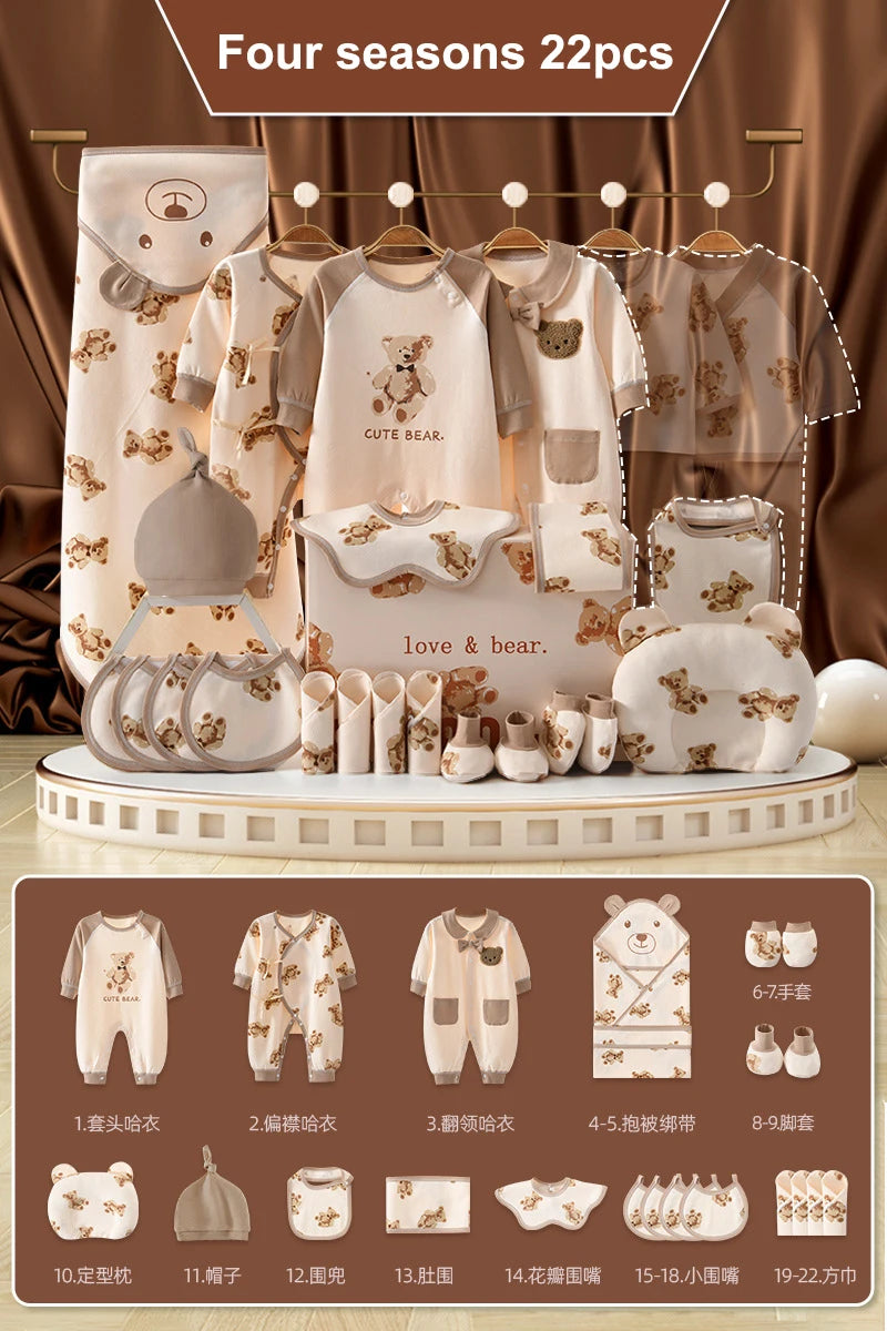 Découvrez le Coffret Naissance Coton | Nouveau-nés Douceur Assurée de BABY PREMA, un ensemble de vêtements pour bébé de 22 pièces orné d'imprimés d'ours et confectionné en coton doux et respirant. Cet ensemble complet comprend des grenouillères, des chapeaux, des bavoirs, des mitaines et plus encore. Vous trouverez ci-dessous un tableau détaillant chaque article ainsi que ses étapes d'utilisation prévues et ses recommandations d'âge.