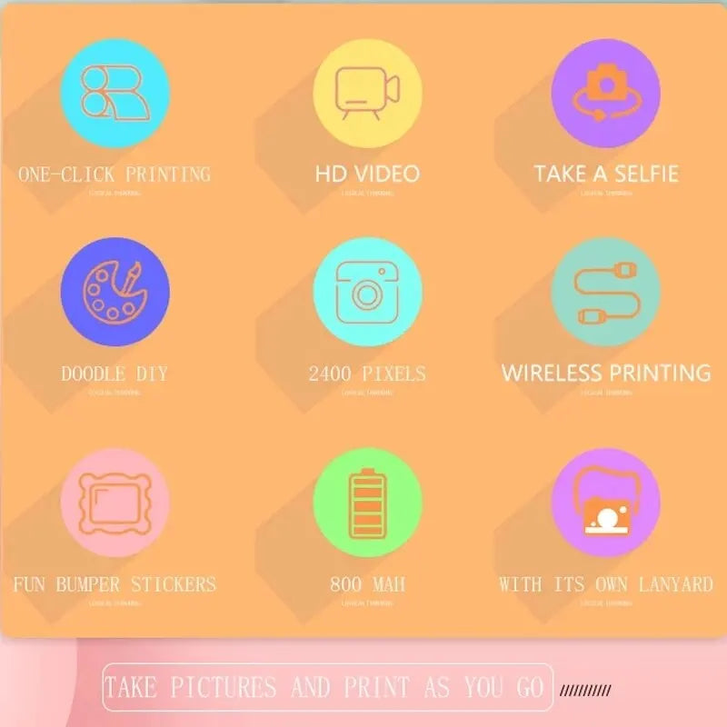 Un graphique montrant neuf fonctionnalités de Mon Appareil Photo Numérique et Vidéo de BABY PREMA : Impression en un clic, vidéo HD, Prendre un selfie, Doodle DIY, 2400 pixels, Impression sans fil avec une imprimante thermique intégrée, Autocollants pour pare-chocs amusants, 800 mAh, et Avec sa propre lanière.