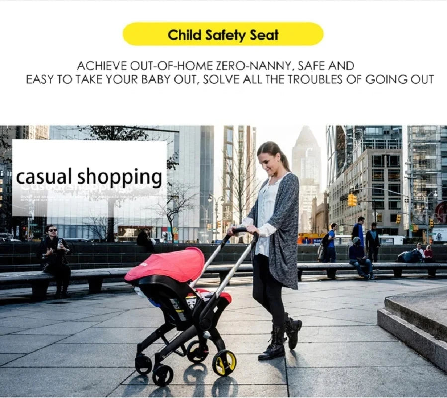 Une femme marche dehors dans une zone urbaine, poussant une poussette avec une housse rose. Le texte sur l'image indique « Poussette bébé 4 en 1 Multifonctions » et « casual shopping ». L’arrière-plan présente de grands bâtiments et un paysage urbain. La poussette est décrite comme une poussette compacte BABY-PREMA.