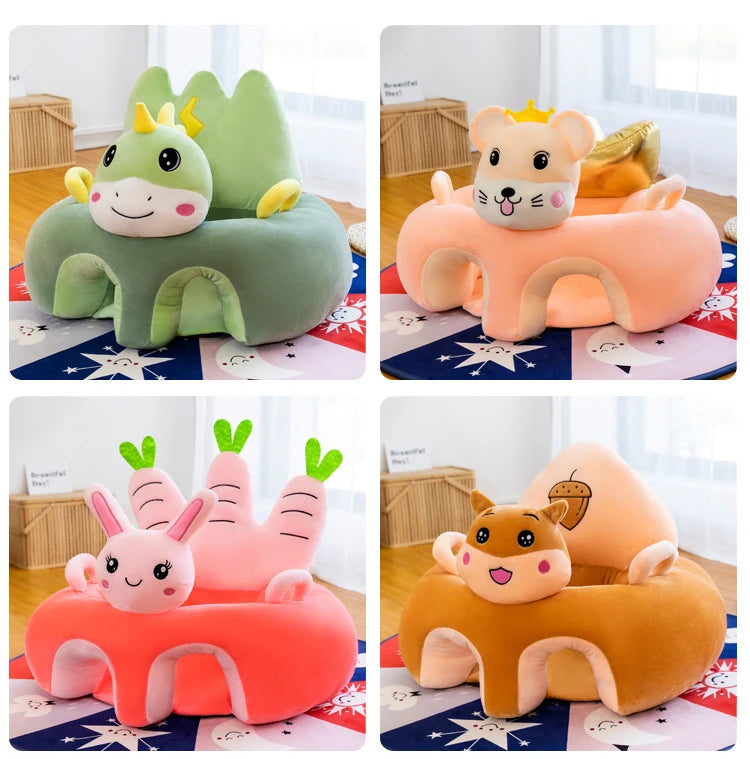 Une maternité de quatre Sièges Apprentissage Position Assise Bébé en peluche sur le thème des animaux, chaque fauteuil étant conçu pour ressembler à BABY PREMA.