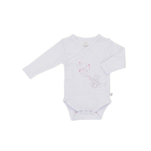 Le Body Manches Longues - Noukies de NOUKIES est un body bébé blanc à manches longues avec fermeture à pression sur le côté, confectionné en coton Bio doux. Il présente un petit imprimé animal rose avec des ballons sur le devant, assurant à la fois confort et style adorable. Cette pièce fait partie de la collection premium Noukie's.