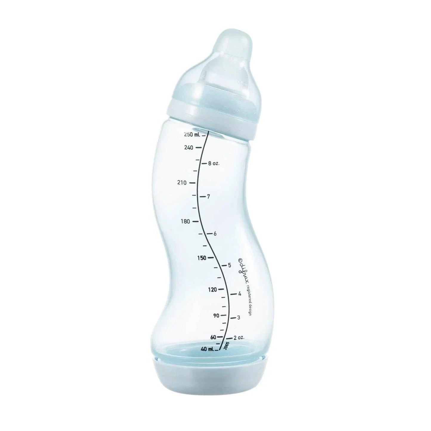 Un Biberon Rose Wide 200 ML - Difrax vide avec des marquages de mesure sur un fond blanc.