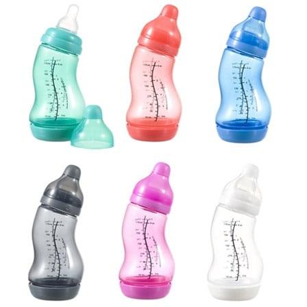 Une gamme colorée de biberons DIFRAX Biberon Rose Wide 200 ML dans différentes teintes, chacun associé à un capuchon de tétine assorti, présenté sur un fond neutre, dispose d'un système anti-colique breveté.