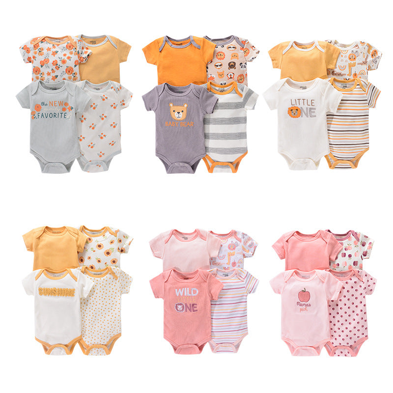 Une collection de BABY PREMA Lot de 4 Bodies Bébé Couleurs été aux couleurs et motifs variés, organisés par lot de trois. Chaque ensemble comprend différents motifs, tels que des rayures, des mots et des imprimés d'animaux. Parfaits pour la saison estivale, ces bodys pour bébé sont fabriqués en coton doux pour un confort maximal.