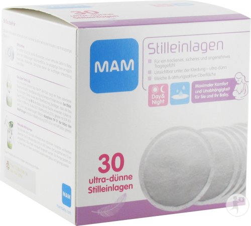 Un coffret de 30 Coussinets d'allaitement de la marque MAM, conçus pour le confort de jour comme de nuit, un accessoire indispensable de bébé.