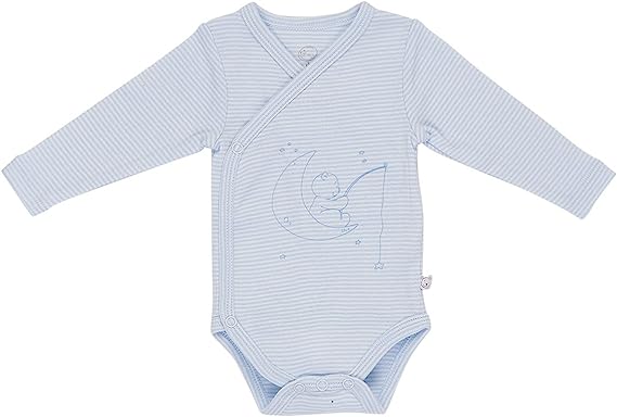 Body bébé bleu clair à manches longues de NOUKIES, au design cache-coeur et décoré d'un discret imprimé lune et bébé endormi sur le devant. Le "Body Bébé Bleu Rayé - Noukies" est réalisé en 100% coton pour un confort ultime.