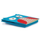 Un tapis de jeu pliant turquoise coloré avec un visage de hibou fantaisiste et un Hiboux pliable Caisse Rangement de Skip hop sur fond blanc.