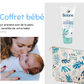 Un collage promotionnel pour un Coffret pour Bébé BABY PREMA, mettant en vedette une mère embrassant son bébé avec amour, avec des images de produits de lotion pour bébé et une pochette en tissu à motifs. La légende "nécessaires pour bé".