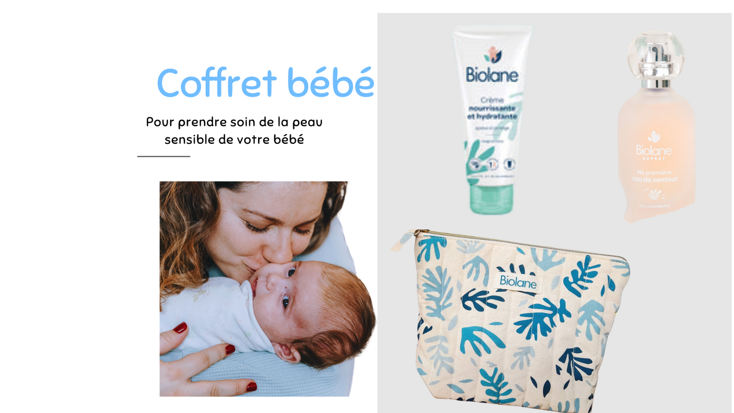 Un collage promotionnel pour un Coffret pour Bébé BABY PREMA, mettant en vedette une mère embrassant son bébé avec amour, avec des images de produits de lotion pour bébé et une pochette en tissu à motifs. La légende "nécessaires pour bé".
