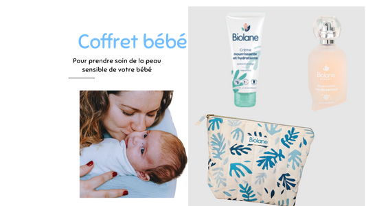 Un collage promotionnel pour un Coffret pour Bébé BABY PREMA, mettant en vedette une mère embrassant son bébé avec amour, avec des images de produits de lotion pour bébé et une pochette en tissu à motifs. La légende "nécessaires pour bé".