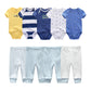 Une collection de vêtements pour bébé comprenant le Kit Ensemble Body Pantalons Bébé de la marque BABY PREMA, composé de six onesies et six paires de pantalons. Les combinaisons, en coton doux et respirant, sont disponibles en diverses couleurs comme le jaune, le bleu et le blanc. Les pantalons viennent dans des nuances de bleu et blanc, certains arborant des rayures ou de petits motifs.