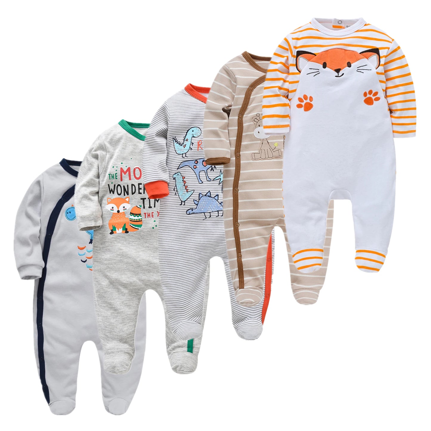 Une collection de cinq adorables grenouillères pour bébé avec des motifs variés, notamment des rayures, des animaux et des phrases dodo.
Nom du produit: Lot de 5 Pièces Pyjama Bébé | Coton Tout Confort
Nom de marque: BÉBÉ PREMA