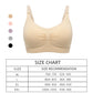 Soutien-gorge beige sans couture avec tableau des tailles montrant les options du m au xxl, s'adaptant à une gamme de tailles de buste pour un ajustement confortable et poids léger. Soutien Allaitement Haute Qualité par BABY PREMA.