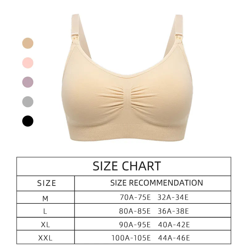 Soutien-gorge beige sans couture avec tableau des tailles montrant les options du m au xxl, s'adaptant à une gamme de tailles de buste pour un ajustement confortable et poids léger. Soutien Allaitement Haute Qualité par BABY PREMA.