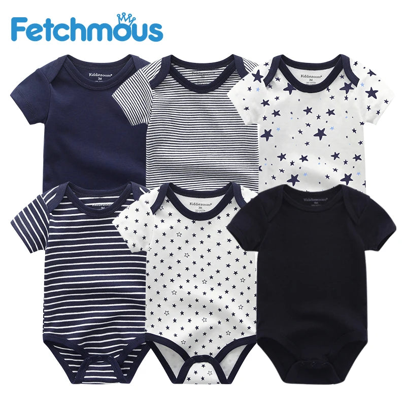 Six grenouillères pour bébé, ou Lot de 6 Pièces Body Coton Bébé, sont disposées sur deux rangées. Ces vêtements bébé se déclinent en différents motifs : bleu foncé uni, rayures horizontales et blanc avec étoiles bleu foncé. Le nom de la marque « BABY PREMA » est visible en haut.