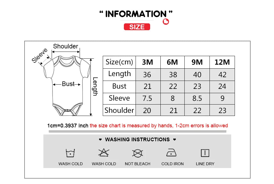 Tableau des tailles et instructions de lavage pour une combinaison pour bébé en tailles 3M, 6M, 9M et 12M. Les mesures sont fournies en centimètres. Ce Lot de 6 Pièces Corps | Le Coton Pour Bébé de BABY PREMA doit être lavé à l'eau froide, repassé à basse température et aucun agent de blanchiment ne doit être utilisé.