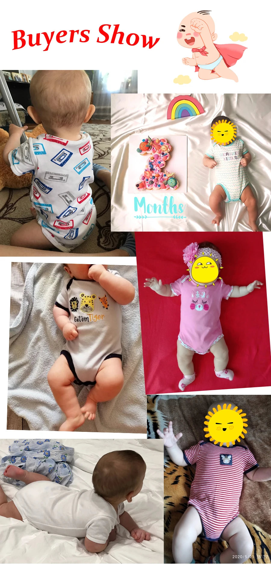 Un collage de six bébés vêtus de divers vêtements bébé, dont le Lot de 6 Pièces Body Coton Bébé de BABY PREMA avec différents imprimés et couleurs, disposés sous le texte "Buyers Show". Certains bébés ont des émojis solaires couvrant leur visage.