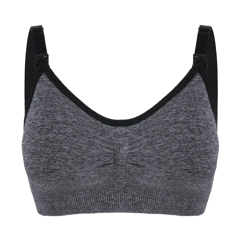 Un soutien-gorge de sport gris à bretelles noires réglables sur fond blanc, conçu pour le confort de la maternité. Produit : BABY PREMA Soutien Allaitement Haute Qualité.