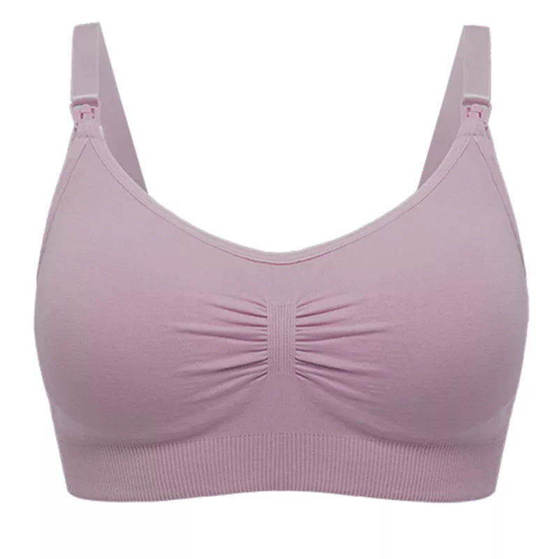 Une brassière de sport sans couture rose clair sur fond blanc, baptisée "Soutien Allaitement Haute Qualité" par Baby Prema.