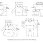 Un guide de mesure pour les vêtements pour enfants, illustrant les schémas d'une combinaison, d'une robe, d'une chemise et d'un pantalon. Chaque diagramme comprend des mesures étiquetées telles que la largeur du cou, la largeur des épaules, la poitrine, la taille, la longueur du corps, la longueur des manches, la largeur des cuisses, la longueur de la braguette et l'entrejambe. Idéal pour BABY-PREMA Body Coton Manches Courtes ou pour sélectionner le cadeau parfait pour bébé.