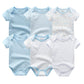 Un ensemble de six grenouillères pour bébé dans des tons de bleu et de blanc avec divers motifs, notamment des rayures, des étoiles et des couleurs unies, affichés dans une grille. Ces confortables Lot de 6 Pièces Body Coton Bébé de BABY PREMA sont des vêtements pour bébé idéaux pour toute occasion.