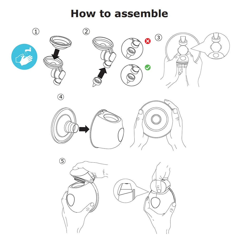 Guide illustré étape par étape pour assembler un pneu-lait électrique de BABY PREMA, conçu pour le toucher délicat requis par un enfant prématuré.
