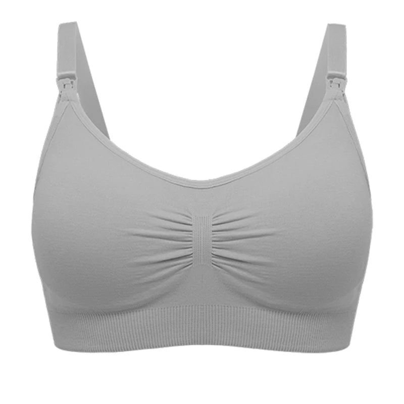 Un soutien-gorge de sport de maternité Soutien Allaitement Haute Qualité gris uni avec bretelles réglables et détail central froncé par BABY PREMA.